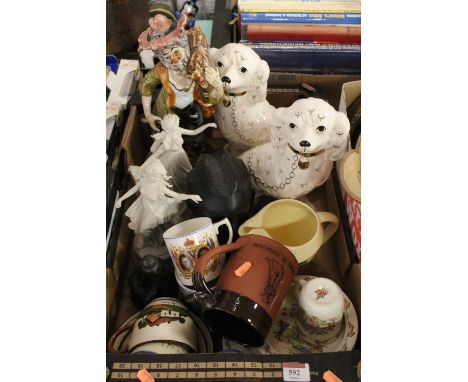 A pair of reproduction Staffordshire style ceramic spaniels, together with motto wares, Bunnikins, Royal Doulton effects etc 