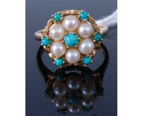 A modern 9ct gold turquoise and cultured pearl flowerhead cluster ring 5.1g, size M, setting dia. 13.5mm