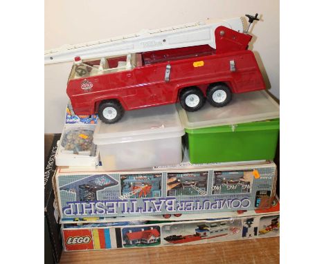 Two boxes of vintage Lego pieces, computer battle ship box game, Tonka Toys fire engine, further loose Lego etc