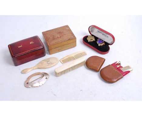 A small collection of miscellaneous items, to include a miniature ivory mounted comb, brush and mirror, an Italian red leathe