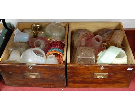 Two boxes of Victorian and later lamp shades, to include cranberry tinted glass examples 