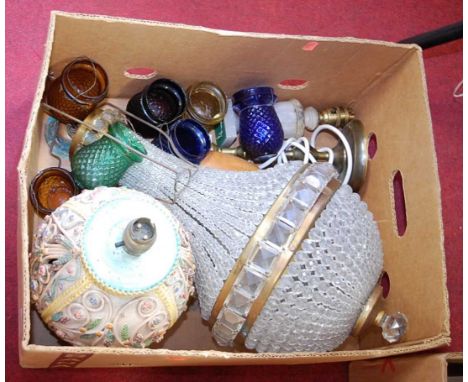 A box of miscellaneous items, to include a brass framed glass ceiling light fitting, table lamp, various coloured glass shade