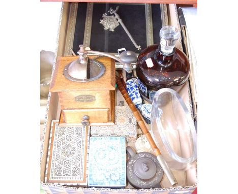 A box of miscellaneous items, to include a Chinese reverse painted snuff bottle, table-top coffee grinder, Vizagapatam type b