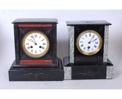 A late Victorian black slate and grey marble mantel clock having an enamel dial with Roman numerals and 30 hour movement, wid