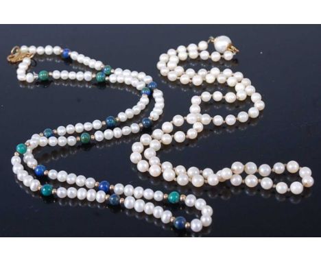 A seed pearl beaded yellow metal malachite lapis lazuli necklace with yellow metal clasp stamped 9k, 47cm, together with one 