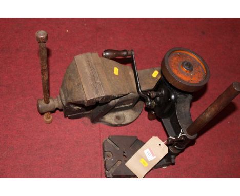 An English made cast iron bench vice; together with a manual bench-top pillar drill (2)