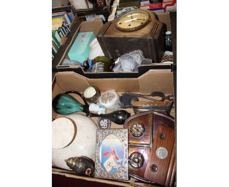 Two boxes of mixed effects to include; a 1930s oak mantel clock, polished marble fruit bowl, sundry photo frames, ornamental 