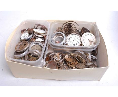 A large collection of assorted pocket watch parts, to include dials, cases, springs, part movements etc 