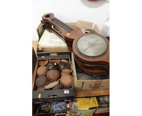 Three Victorian wheel barometers (all incomplete); together with boxes of barometer spares to include bezels, glass, scales e