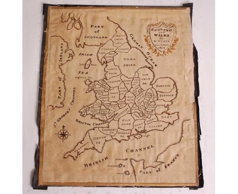 An early 19th century silk laid on canvas map sampler of England & Wales, embroidered with the counties of England and Wales 