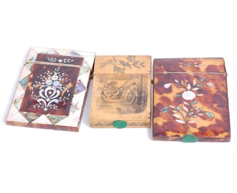 A Victorian tortoiseshell and mother of pearl inlaid visiting card case, of typical hinged rectangular form; together with on
