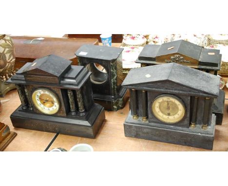 A late Victorian black slate and veined marble mantel clock of architectural form having an enamelled chapter ring with Arabi