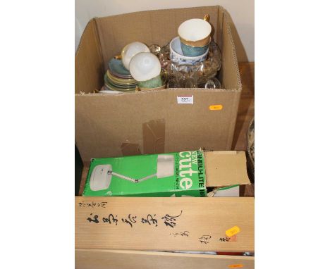 A box of mixed effects to include Royal Albert teawares, sundry drinking glasses, a Nambu-lite model MA-414 desk light, Orien