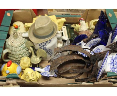 Two boxes of various mixed cockerel related ornaments, to include ceramic and metal examples