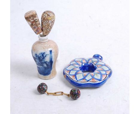 A small collection of miscellaneous items, to include two Japanese Meiji period satsuma hat-pins, pair of small silver enamel