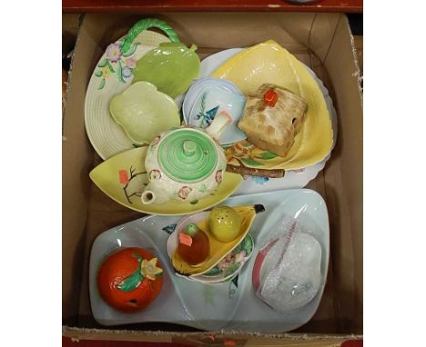A box of miscellaneous mainly Carltonware china, to include fruit cruet, preserve jar and cover, bachelors teapot etc 