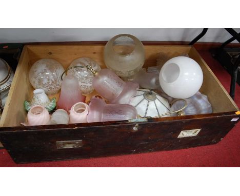 A large collection of Victorian and later lamp shades, to include opalescent and pink tinted examples 