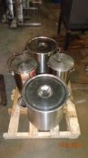One Pallet lot of four heavy duty Stainless Steel laboratory pots with lids; two with drain handle -