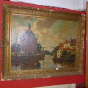 An oil on canvas Northern European river scene signed Dankmeyer in carved gilt frame