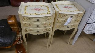 A pair of crackle glazed and hand painted bedside chest with three drawers on section supports