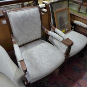 A pair of mahogany open armchairs upholstered in ivory fabric W 62 D 55 H 100 cm