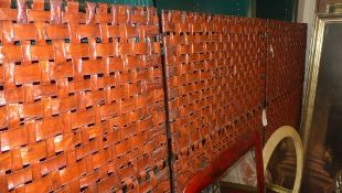 A red lacquered bark three fold fire screen