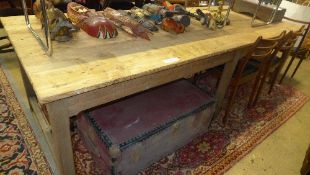A vintage pine plank top farmhouse table the plank top raised on six square section supports W 264 D