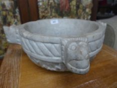 A late C19th marble mortar with lion mask relief