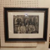 A Henry Moore print with seated figures in an ebonised and silvered frame