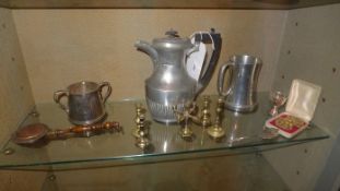 A silver plated coffee pot together with a collection of various other metal ware items