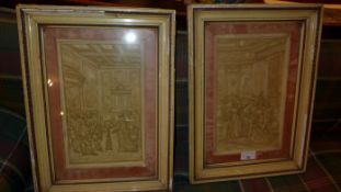 A pair of C19th plaster panels, depicting 30 courtroom scenes in relief glazed and framed (af)