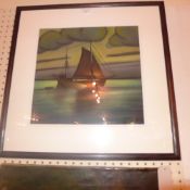 A glazed and framed pastel study of a ship at dusk by Brain Baldwin