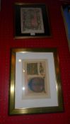 A pair of glazed and framed illuminated book plates heightened in gilt