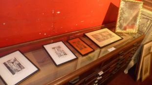 Two engravings (one with original copper plate) a gilt framed mirror and an etching and aquatint
