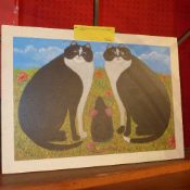 An oil on board of two cats with a mouse signed Delanar