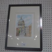 A double mounted framed and glazed watercolour of St Pauls Cathedral signed M Baker