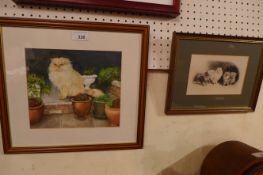 A watercolour of a cat amongst plant pots, signed Peter Gregory, together with a print of