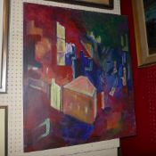 An unframed oil on canvas brightly coloured town rooftop study