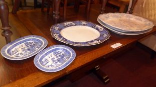 Two C19th blue and white meat platters and three similar dishes