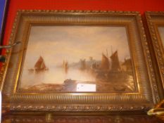 A C19th oil on canvas French coastal scene with boats on the shore signed Cox bottom left in heavy