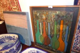 A C1970`s oil on board of a collection of glass bottles signed Giuffrida together with a contemorary