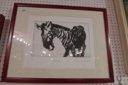 A signed limited edition etching and aquatint of a zebra by C. Burns