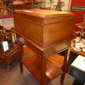 A mahogany work table the rectangular box top above an end drawer raised on square section supports