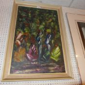 An oil on canvas of an African tribal scene