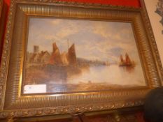A C19th oil on canvas French coastal scene with boats on the shore signed Cox bottom right in