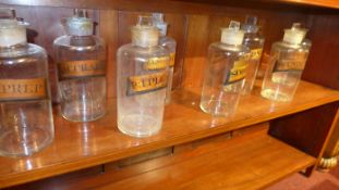 a set of english C19th glass chemists jars with hand painted labels and stoppers