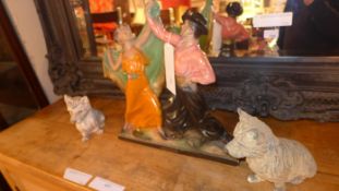 A painted plaster figure group of Flamenco dancers and a pair of painted spelter terriers