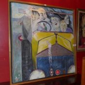 A large oil on canvas by Linda Sutton grotesque figures in a Rolls Royce