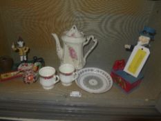 Two painted cast metal money boxes together with a Spode Provence pattern dish a Mason's ironstone
