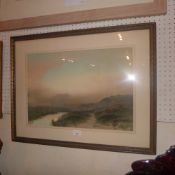 A J. Macbane gouache Scottish moorland landscape at dusk glazed and framed